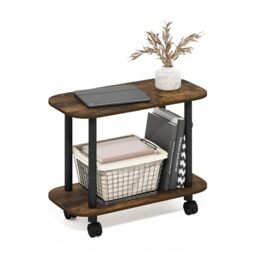 Furinno TURN-N-TUBE Side Table, 2-Tier Oval Sofa End Table with Wheels, Round Corner Night Stand, Bedside Table with Open Shelf, Toolless Assembly, for Living Room, Bedroom, Amber Pine