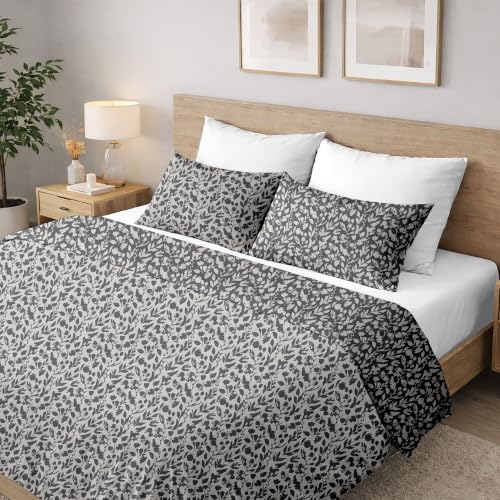 Ruggeri, Duvet Cover Set, Microfibre, Floral Grey Bicolour - 1 x double sleeping bag 250 x 200 cm with 40 cm flap and 2 pillowcases 50 x 80 cm double with 20 cm bag closure