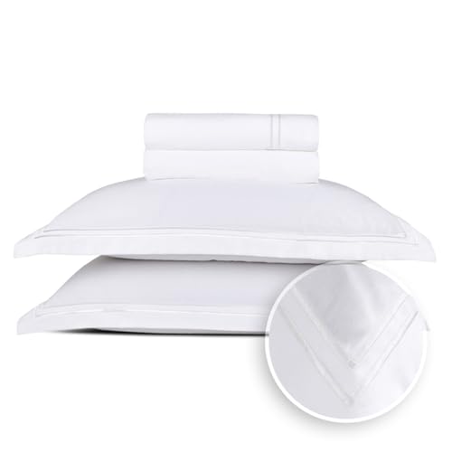 Pure Cotton Double Bedding Set 4-Piece - 100% Cotton Satin - Soft, Easy to Iron, Oeko-Tex - Duvet Cover 230 x 290 cm, Fitted Sheet 180 x 200 x 30 cm, Pillowcase 2 x 50 x 80 cm - Silhouette - White