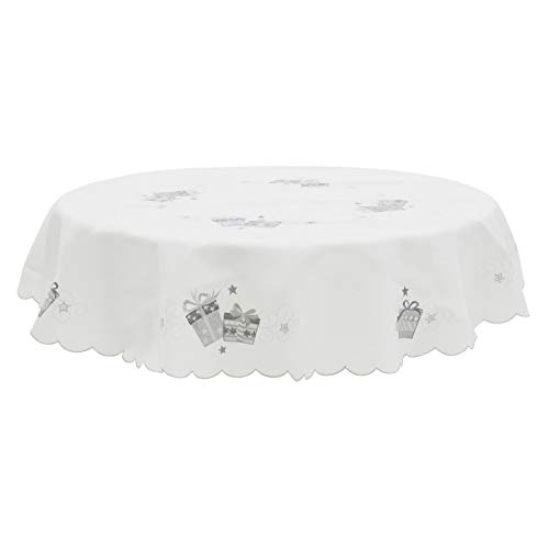 "Mr Crimbo Christmas Tablecloth White Polyester Fabric Silver Embroidered Presents - 70"" Round"