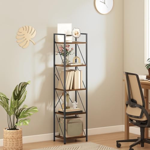 DWVO Industrial Bookcase 5 Tier Freestanding Storage Shelf for Living Room Office Kitchen Bedroom Home Vintage Brown