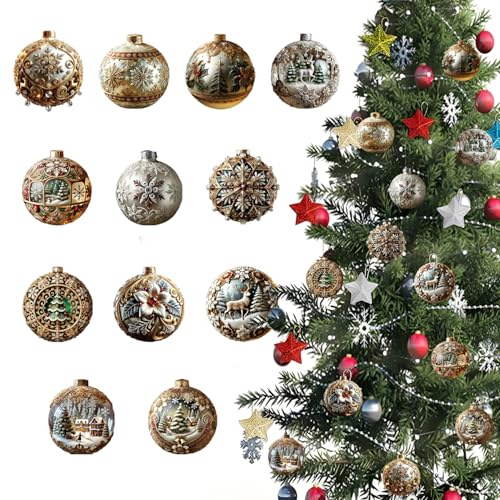 12 Pcs Christmas Ornaments Decorations Xmas Ball Hanging Ornaments 2D Acrylic Christmas Tree Ornament Set DIY Crafts Ball Hanging Pendant for Holiday Xmas Party Decoration Supplies