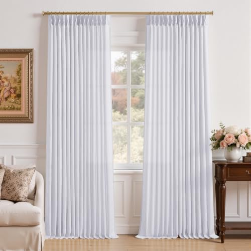 104 Inch Extra Long White Pinch Pleated Linen Sheer Curtains for Bedroom,Light Filtering Semi Sheer Drapes for Living Room Boho Darkening Curtain Panels Textured Window Coverings Back Tab Top 8-2/3 FT