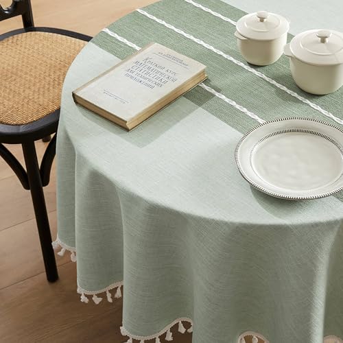 ZeeMart Contrast Linen Round Table Cloth 52 Inch Green - Heavy Weight Linen Textured Tablecloth, Handsewn Tassels, Modern Farmhosue Table Decor, Water Resistant Burlap Table Cover