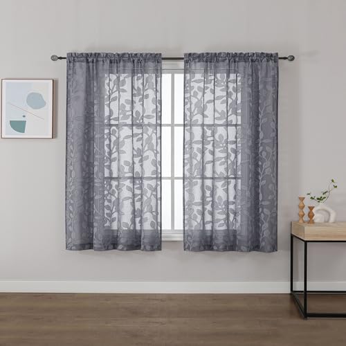 OVZME Grey Sheer Curtains 42 X 45 Inch Length 2 Panels, Semi Sheer Drapes Light Filtering Textured Window Curtains, Jacquard Clip Leaf Pattern Short Curtains for Small Window Tiers