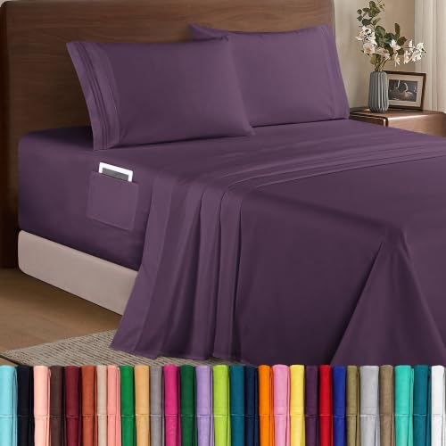 Elegant Comfort Luxury 1500 Premium Hotel Quality Microfiber 4-Piece Sheet Set - Soft, All Around Elastic 18-24 Inches Deep Fitted Sheet - Extra Deep Pocket Sheets, King, Eggplant-Purple