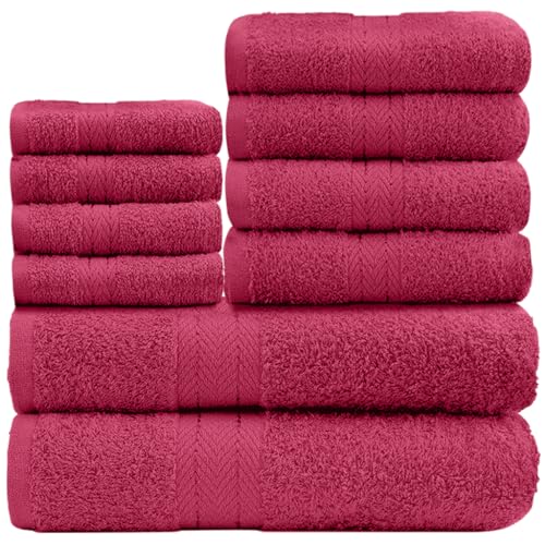 GC GAVENO CAVAILIA 10 Piece Towel Bale Set - Quick Drying Cotton Towel Highly Absorbent 450 GSM Deep Red Towels Set - Bathroom Towels Bale Set 4x Face 4x Hand 2x Bath Towels