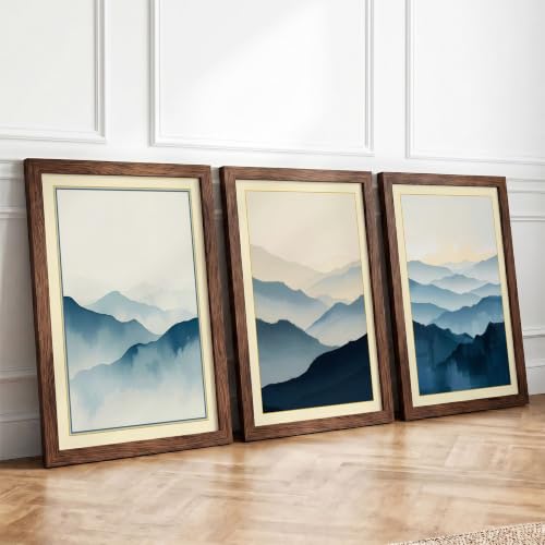 Misty Mountain Peaks Minimalist Set of 3 Framed Wall Art Prints A3