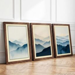 Misty Mountain Peaks Minimalist Set of 3 Framed Wall Art Prints A3