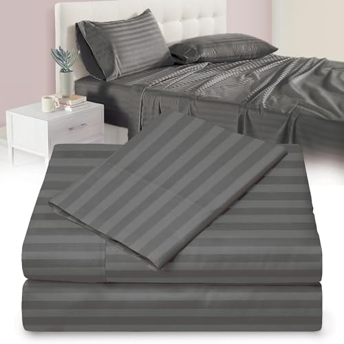 "Twin XL Microfiber Sheet Set, Double Brushed, Damask Grey Stripe, 3 PC - Extra-Soft & Wrinkle-Free, Pillow Cases & Bedsheet - 15"" Deep Pockets, 39"" x 80"" Ideal for Dorms, Hospitals & Split King Beds"