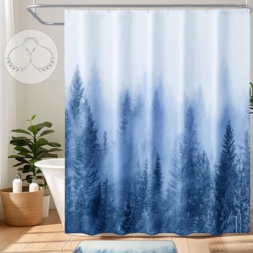 ORTIGIA Blue Misty Forest Shower Curtains,Nature Mountain Shower Curtain,Woodland Shower Curtain,Fantasy Fog Tree Bath Curtain for Bathroom,Waterproof Polyester Fabric-72 Wx72 L-with Hooks