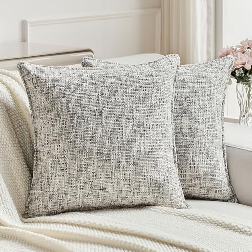 FUTEI Pack of 2 Tweed Chenille Throw Pillow Covers 16x16 Inch, Black - Premium Chenille Front/ Smooth Velvet Back,Hidden Zipper,Machine Washable,Pilling-Resistant,Colorfast, Insert Not Included.