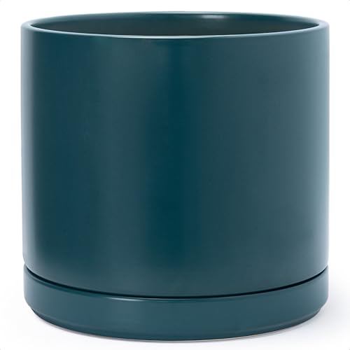 D'vine Dev 14 Inch Ceramic Planter Pot, Teal, 94-O-G-9 - Modern Cylinder Design, Drainage Hole & Saucer Included, Stable Structure, Elegant Home Accent