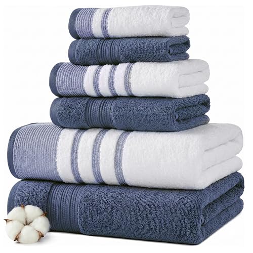 Modern Threads 6 Piece Set, 2 Bath Towels, 2 Hand Towels, 2 Washcloths, Quick Dry White/Contrast Reinhart Denim