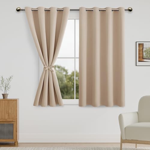 DWCN Blackout Short Curtains for Bedroom with Tiebacks - Room Darkening Privacy Grommet Top Window Curtains for Living Room, 52 x 45 inch Length, Beige, Set of 2 Panels