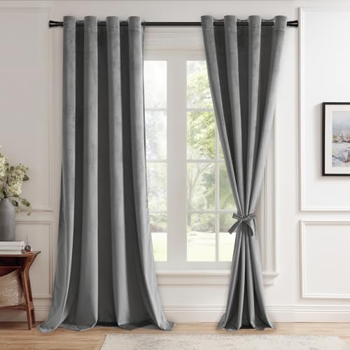 JIUZHEN Grey Velvet Blackout Curtains 90 inches for Living Room - Thermal Insualted Room Darkening Grommet Thick Velvet Window Drapes for Bedroom/Dining Room, Set of 2 with Tiebacks, 52W x 90L