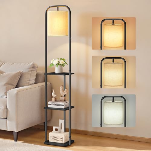 VASAGLE Floor Lamp with 3 Shelves, Standing Lamp with LED Bulb, Foot Switch, Fabric Lampshade, for Living Room and Bedroom, Ink Black LFL001BD03