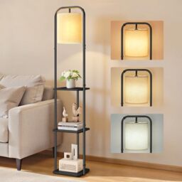 VASAGLE Floor Lamp with 3 Shelves, Standing Lamp with LED Bulb, Foot Switch, Fabric Lampshade, for Living Room and Bedroom, Ink Black LFL001BD03