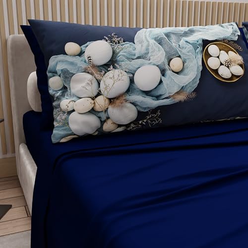 PETTI Artigiani Italiani - Easter Cotton Sheets with Pillowcases in Digital Print, Double Bed Sheet, Easter Bed Set, Queen Size, 18 Night Blue, Made in Italy