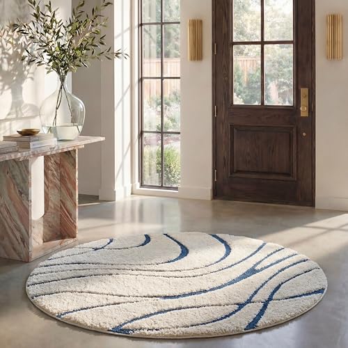 Safavieh Shag Rug for Living Room, Dining Room, Bedroom - Florida Shag Collection, High Pile, in Cream and Blue, 152 X 152 cm