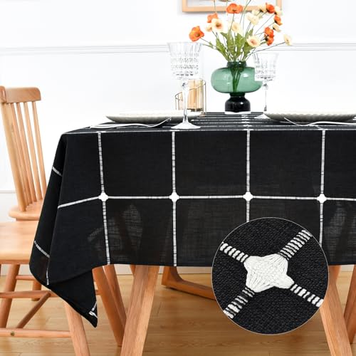 NEWISHER Farmhouse Embroidered Plaid Tablecloth Square 70 x 70 Inch - Lattice Heavy Weight Table Cloth, Rustic Checkered Square Table Cover, Black Tablecloth for Dining Kitchen Home Decor Party
