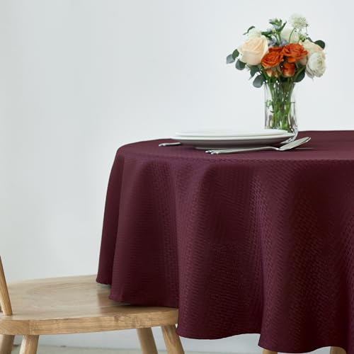 maxmill Round Weaved Texture Design Tablecloth Spill-Proof Wrinkle Free Soft Washable Table Cloth for Circular Table Cover, for Dining Room Buffet Banquet Parties Holiday Dinner, 90 Inch Burgundy