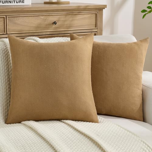 FUTEI Pack of 2 Chenille Throw Pillow Covers 20x20 Inch, Camel - Elegant Herringbone Textured Design,Side Hidden Zipper,Machine Washable,Pill-Resistant,Colorfast,Insert Not Included.