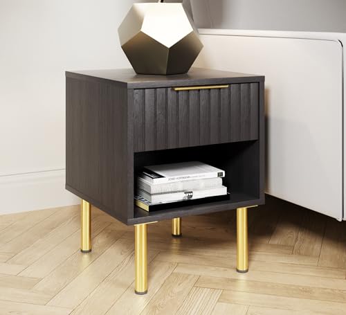 GFW Nervata Lamp Table, Black Side Table with Drawer Storage, Art Deco Style End Table with Gold Accents and Wood Grain Texture for Living Room and Bedroom