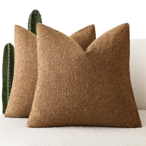Foindtower Pack of 2 Textured Boucle Throw Pillow Covers Accent Solid Pillow Cases Cozy Soft Decorative Couch Cushion Case for Chair Sofa Bedroom Living Room Home Decor 18x18 Inch Hazel Brown