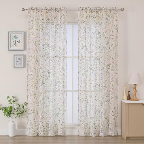 "OWENIE Crushed Sheer Curtains 84 Inches Long 2 Panels Set, Sheer Floral Curtians with Printed Design, Printing Drapes for Living Room, Rod Pocket Light Filtering Window Sheers 42"" W x 84"" L"