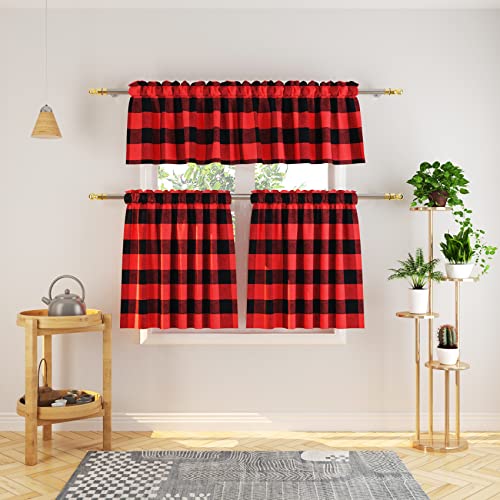 "Natus Weaver 3 Pc Cotton Classic Country Farmhouse Kitchen Window Curtain -Red & Black Buffalo Check Tier & Valance Set, 54"" x 18"" / 27"" x 24"""