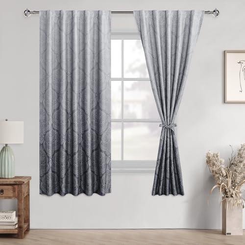 DWCN Grey Ombre Short Curtains for Bedroom - 63 inch Long Back Tab Damask Design Thermal Insulted Tieable Window Drapes Light Blocking Curtains for Living Room, 2 Panels, W42 x L63, Gray