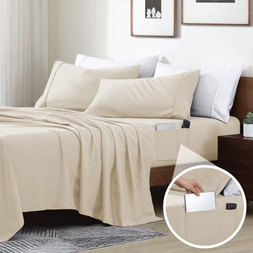 Swift Home Smart Sheets Brushed Microfiber 4-Piece Bedding Set, Luxurious, Soft & Durable, Deep Pockets, Sheet & Pillowcase Set, Fitted Bed Sheets with Side Storage Pockets - Queen, Cream
