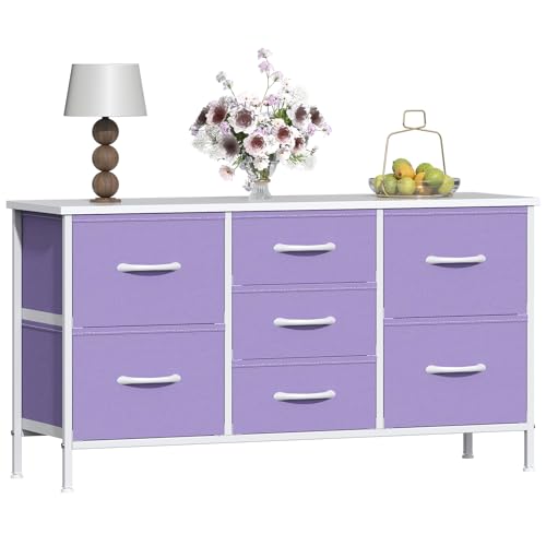 GoaHi Chest of Drawers, Small Dressers with Metal Frame and MDF Wooden Top Board, Adjustable Feet, Anti-Tip Safety, Storage Unit with 7 Drawers for Bedroom, Living Room, Closet, Office Purple