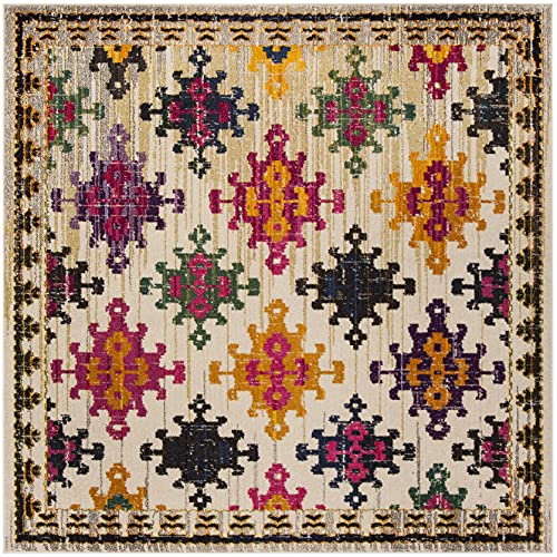 Safavieh Boho Rug for Living Room, Dining Room, Bedroom - Monaco Collection, Short Pile, in Ivory and Multi, 200 x 200 cm