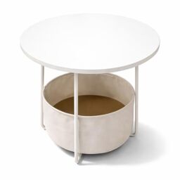 Relaxdays side table, round coffee table, with fabric basket, H x D 50 x 45 cm, living room, MDF & metal, beige-cream