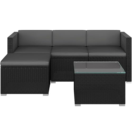 Yaheetech 5 Pieces Patio Furniture Set, PE Rattan Garden Modular Lounge Sofa Set with Tempered Glass Table and Water-Resistant Cushions for Patio, Balcony (Black/Grey)