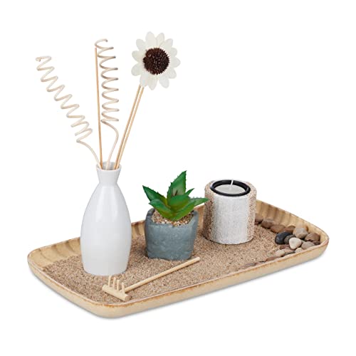 Relaxdays Candle Holder Set, Zen Garden, Tray, Sand & Stones, Decorative Plant, H x W x D: approx. 26 x 34 x 17.5 cm