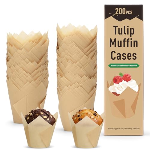 Alyvisun 200PCS Tulip Muffin Cases, Greaseproof Baking Cups for Cupcakes - Muffin Liners Paper Cups for Home Baking, Parties and Caf??s, Non-Stick Tulip Cupcake Cases in Kraft Box Packaging