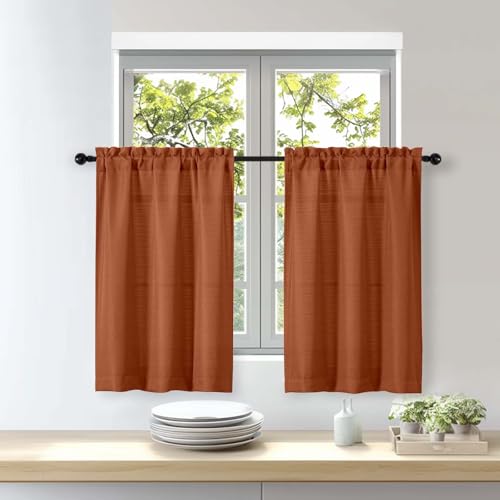 OWENIE Bob 2 Panels Orange Kitchen Curtains Sets for Windows 36 Inch Length, Faux Linen Textured Short Cafe Curtains Tiers for Kitchen, Rod Pocket Small Window Drapes for Bathroom, 30Wx36L Inch