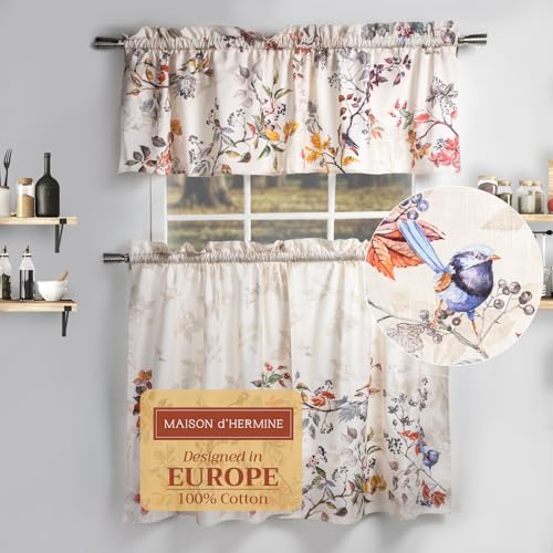 "Maison d' Hermine Kitchen Curtain Set for Windows 100% Cotton Set of Kitchen Curtain Valance for Home [2 Tier (28""X36"") and 1 Valance (56""X18"")] Cafe Spring Summer (Equinoxe - Beige)"
