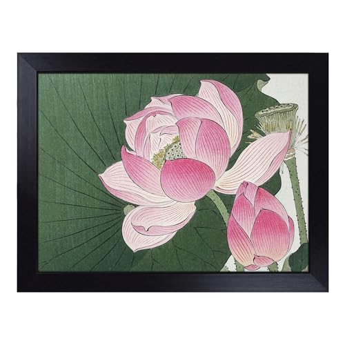 Lap Tray with Bean Bag Cushion, Pink Lotus Flower By Ohara Koson - Handmade in the UK, Raised Wooden Edge, Padded Cushion, Heat-Resistant Wipe-Clean Surface, for Meals, Laptops and Crafts