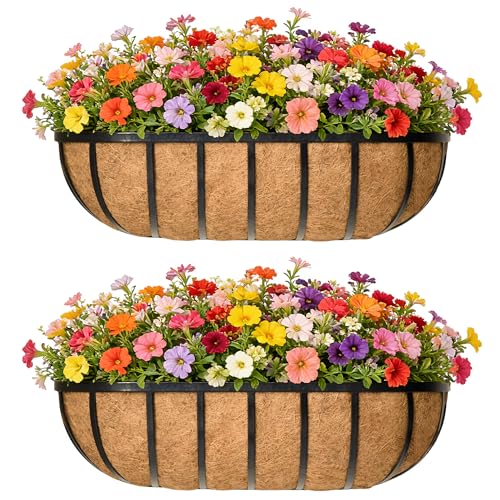 30 Inch Metal Railing Planter Box - Deck, Balcony, Porch, Patio - Wall-Mounted Coconut Liner - English Horse Trough Planter (2 Pack)