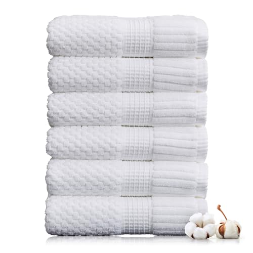 "NY Loft 100% Cotton Hand Towel 6 Pack - Super Soft & Absorbent Quick-Dry Hand Towels 16"" x 28"" -Textured and Durable Cotton - Trinity Collection (6 Pack Hand Towel, Bright White)"