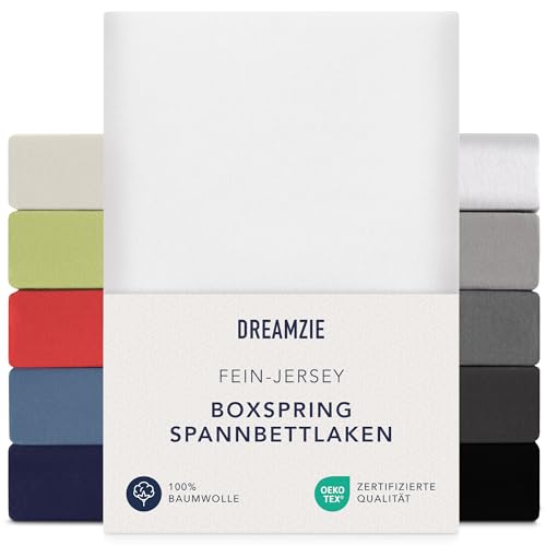 Dreamzie Premium fitted sheet, 140 x 200 cm, 160 x 200 cm, 37 cm side height, also for box spring bed and waterbed, bed sheet, box spring bed, 100% jersey cotton, 150 g/m², Oeko-Tex, white