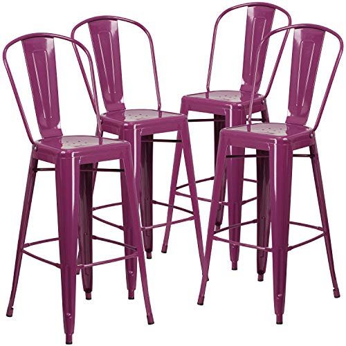 "Flash Furniture Blake Commercial Grade 4 Pack 30"" High Purple Metal Indoor-Outdoor Barstool with Back"