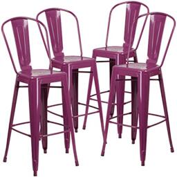 "Flash Furniture Blake Commercial Grade 4 Pack 30"" High Purple Metal Indoor-Outdoor Barstool with Back"