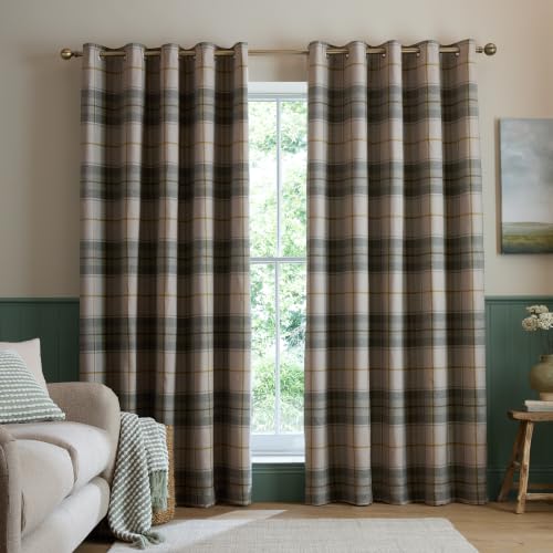 Catherine Lansfield Brushed Woven Glencoe Check 66x54 Inch Eyelet Curtains Green
