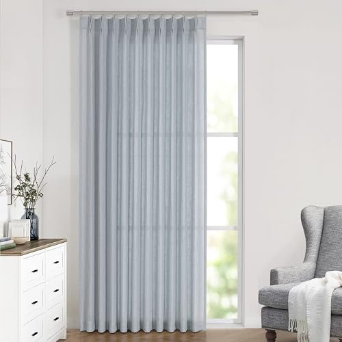"Vision Home Blue Grey Pinch Pleated Semi Sheer Curtains Textured Linen Blended Light Filtering Window Curtains 108 inch for Living Room Bedroom Patio Pinch Pleat Drapes with Hooks 9FT 60"" Wx108 Lx1"