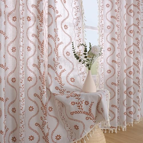 Boho Curtains 96 Inch Length Linen Curtains for Living Room, Vintage Farmhouse Printed Floral Curtain Rustic Curtain Drapes Terracotta & Lvory
